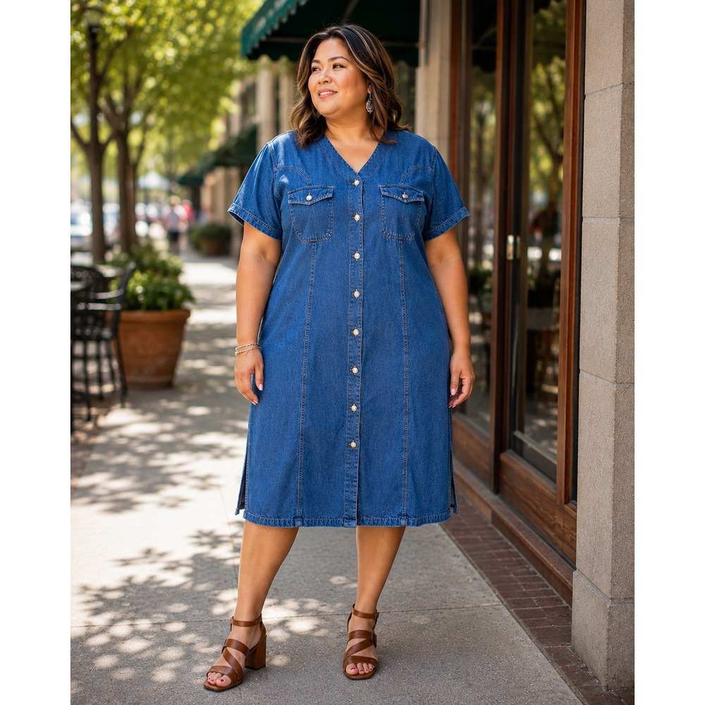 Womans 20W Shirt Midi Dress Denim Blue Button Front Jean Cotton Vintage